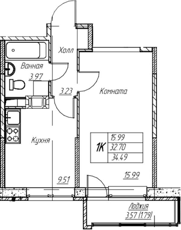 1-комнатная квартира 34.49 м², 22/22 эт., ЖК «Парк-квартал Юнтолово»